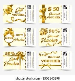 Gift voucher template set. Premium discount birthday coupons with golden bows