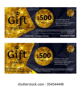 Gift voucher template set with premium luxury golden and black mosaic background. Envelope size. Vector illustration.