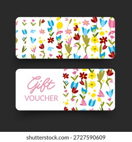 Modelo de voucher de presente definido com um tema floral romântico. Vistas frontal e traseira com cantos arredondados. Design elegante e moderno para salões de beleza, boutiques, lojas de flores e cafés