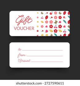 Plantilla de vales de regalo con una temática floral romántica. Vistas frontales y traseras con esquinas redondeadas. Diseño elegante y moderno para salones de belleza, boutiques, tiendas de flores y cafés