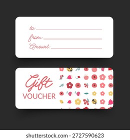 Gift voucher template set with a romantic floral theme. Front and back views with rounded corners. Elegant and modern design for beauty salons, boutiques, flower shops, and cafes