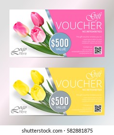 Gift voucher template set with tulips flowers. Cute gift voucher certificate coupon design template. Collection gift certificate business card banner calling card poster. Vector illustration