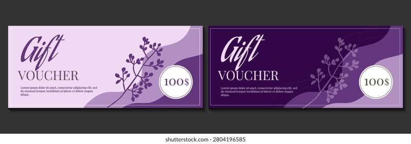 Gift voucher template set. Two elegant horizontal purple and lavender discount coupons with abstract wave shapes and floral branch. Modern vector layout for spa, beauty salon, or retail.