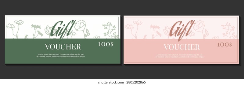 Gift voucher template set. Two horizontal elegant discount coupons with organic forest green and pastel pink color blocks and botanical floral line art. Vector layout for spa, beauty, or retail.
