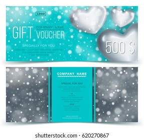 Gift voucher template with silver glossy hearts.