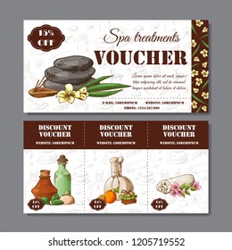 Gift voucher template with spa elements in hand drawn style. Sketch illustration. Design certificate for spa salon, beauty center. Vector pattern.