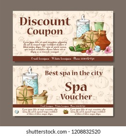 Gift voucher template with spa elements in hand drawn style. Sketch illustration. Design certificate for spa salon, beauty center. Vector pattern.