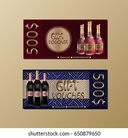 Gift Voucher Template With Sparkles and Wine Bottles For your Design.   Vector Illustration