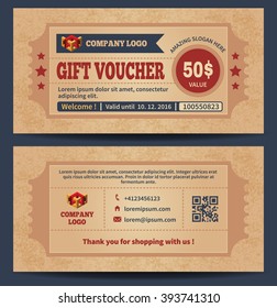 Gift Voucher Template in Trendy Retro Style. Gift Voucher on Grunge Textured Background. Front Side of Gift Voucher and Back Side. Gift Certificate. Vector illustration.