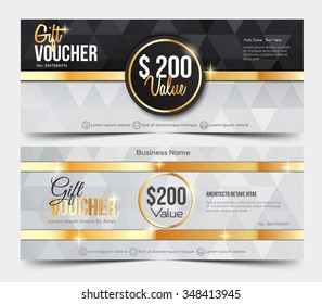 Gift Voucher Template with triangle shapes and gold colors. Vector illustration