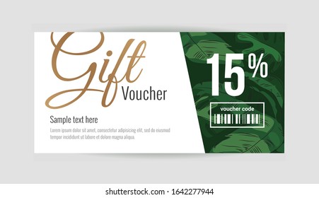 Gift voucher template with tropical plant leaves. Summer, spa, resort concept. Vector illustration