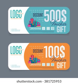 Gift voucher template. Two side of discount voucher or gift certificate layout. Promo coupon of discount  special offer. Voucher card template vector design.