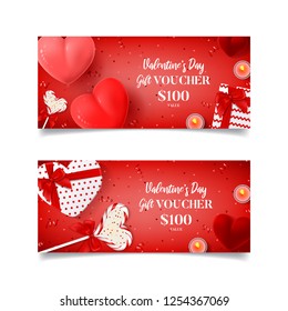 Gift voucher template for Valentine's Day. Vector illustration with top view on realistic serpentine, confetti, air balloons, gift boxes. Design of Discount Coupon Usable for Invitations, Tickets.