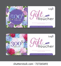 Gift voucher template value 500$ and 300$ with elements set of blooming colorful hydrangea flowers background for business, flower shop, spa, hotel resort, vector illustration design. 