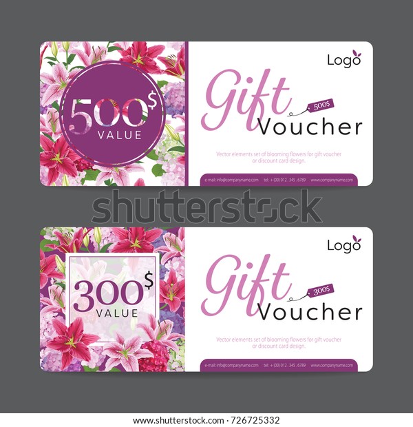 Gift voucher template value 500 and 300. Elements set of blooming