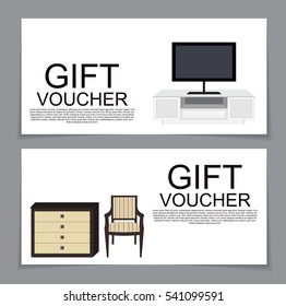 Gift Voucher Template with variation of furniture for apartments Discount Coupon. Vector Illustration. EPS10
