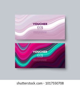 Gift voucher templates. Set of discount certificates. Vector illustration of coupons with 100 dollars value. Premium promotional card with pouring liquid paint texture
