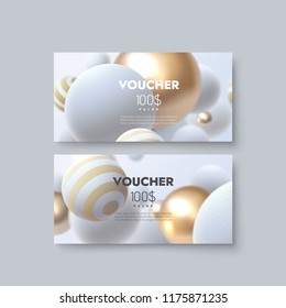 Gift voucher templates. Set of discount certificates. Abstract background with 3d spheres. Vector illustration of coupons with 100 dollars value. Decoration element for design