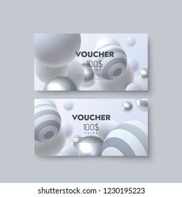 Gift voucher templates. Set of discount certificates. Abstract background with 3d spheres. Vector illustration of coupons with 100 dollars value. Decoration element for design