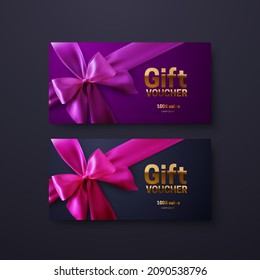 Gift voucher templates. Set of discount certificates. Vector illustration of coupons with 100 dollars value. Premium promotional card with pink and purple bow, ribbon and golden sign