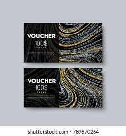 Gift voucher templates. Set of discount certificates. Vector illustration of coupons with 100 dollars value. Promo card with curly glittering pattern. Banner with golden and silver sparkling texture