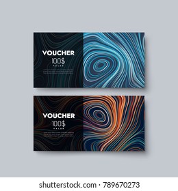 Gift voucher templates. Set of discount certificates. Vector illustration of coupons with 100 dollars value. Premium promotional card with curly multicolored diffusive texture