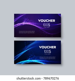 Gift voucher templates. Set of discount certificates. Vector illustration of coupons with 100 dollars value. Premium promotional card with abstract neon light technology wave