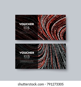 Gift voucher templates. Set of discount certificates. Vector illustration of coupons with 100 dollars value. Premium promotional card with sparkling paillettes pattern. Banners with glitter texture