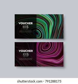 Gift voucher templates. Set of discount certificates. Vector illustration of coupons with 100 dollars value. Premium promotional card with striped marbling colorful pattern