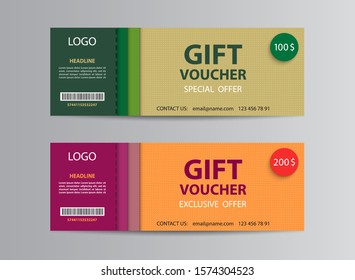 Gift voucher templates with special and exclusive offer in green and orange color.