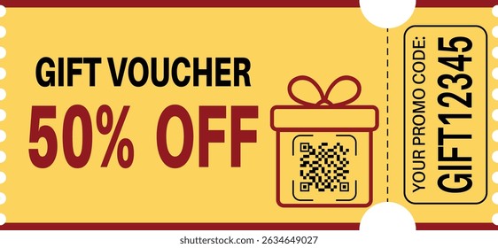 Gift Voucher Ticket – 50% Off Promo with QR Code vector illustration	