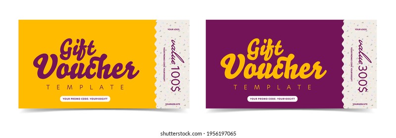 Gift voucher ticket card with different monetary value. Discount coupon template with money reward. Financial present certificate mockup with tear-off vector design and place for brad name