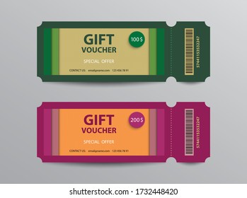 Gift voucher ticket stub templates with special offer in green and orange color.