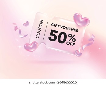 Chèque cadeau Transparence bannière de bon de réduction pour les achats en ligne à prix réduit avec l'arrière-plan Holographie Vibrant Gradient cadeau et décorations.
