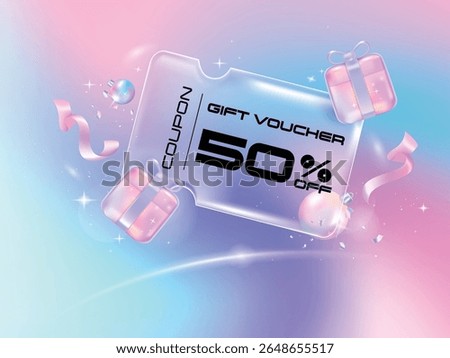 Gift voucher Transparency coupon banner for Discount online shopping with Holography Vibrant Gradient gift and decorations background.
