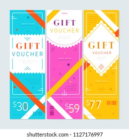 Gift voucher. Trendy discount voucher card template with ribbon decoration. Two side of gift voucher discount offers from 30 to 77 dollars. Restaurant coupon vector design template. 
