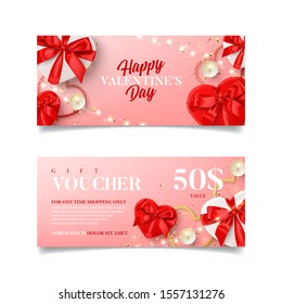 Gift voucher for Valentine's Day sale. Vector illustration with red and white gift boxes, light garland, candles and confetti on pink background. Discount coupon usable for invitation or ticket.