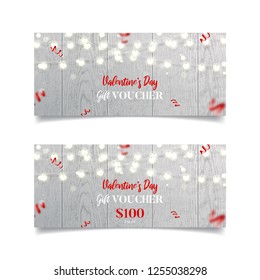 Gift voucher for Valentine's Day. Vector illustration with red serpentine, garlands with hearts on wooden texture. Promo seasonal offer. Design of Discount Coupon Usable for Invitations and Tickets.