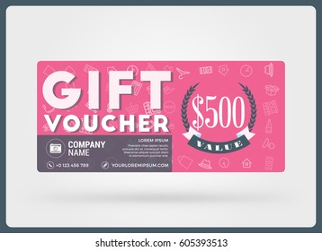 Gift voucher. Vector design template. Discount card. Gift certificate. Pink Color Theme. Vector Illustration