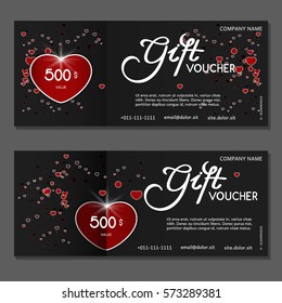 Gift voucher. Vector, illustration. Black background with hearts.