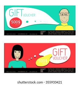 Gift voucher. Vector, illustration. Card template. people