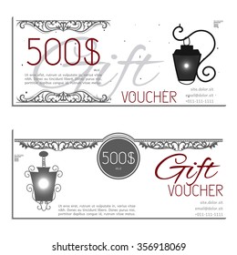 Gift voucher. Vector, illustration. Card template. Lamp