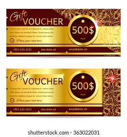vale de regalo. Vector, ilustración. Plantilla de tarjeta. Oro