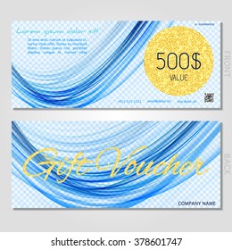 Gift voucher. Vector, illustration. Card template. Blue, gold, sea, wave