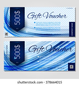Gift voucher. Vector, illustration. Card template. Blue, wave