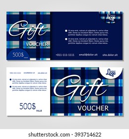 Gift voucher. Vector, illustration. Card template. Blue.