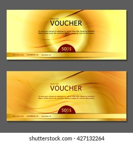 Gift voucher. Vector, illustration. Card template. Gold.