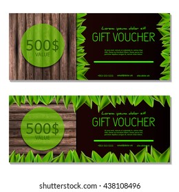 Gift voucher. Vector, illustration. Card template. Green