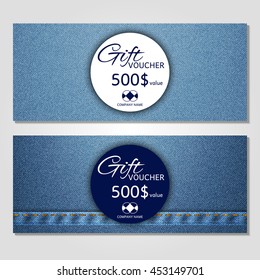 Gift voucher. Vector, illustration. Card template. Blue jeans.
