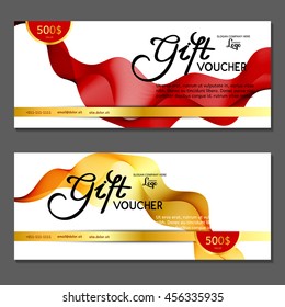 Gift voucher. Vector, illustration. Card template. Red. Gold.